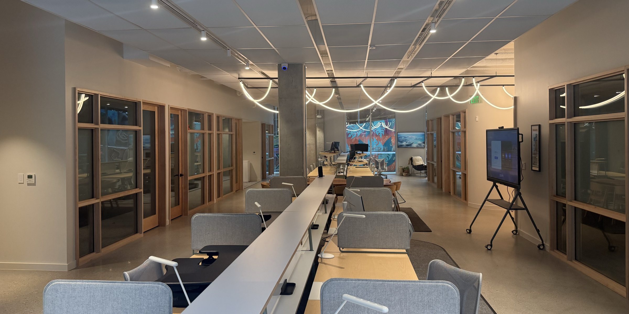 Sculptural LED lighting installation in a commercial office